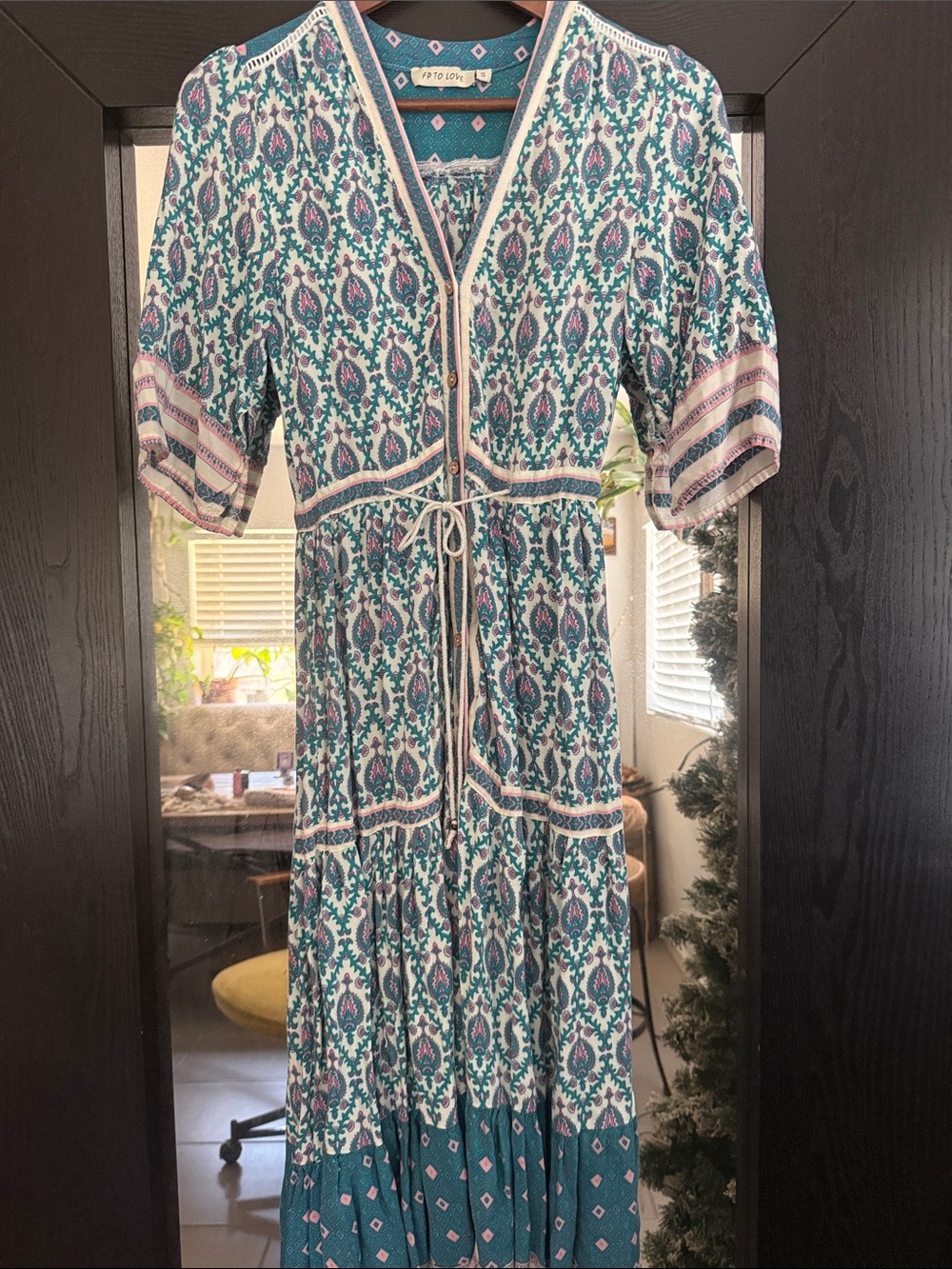 Boho Teal Printed Tiered V-Neck Dress